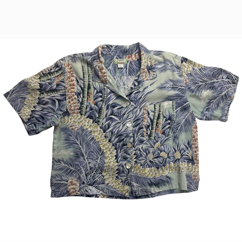 VTG Tommy Bahama Women M Silk mother Pearl Palm Tree Pineapple Camp Crop Shirt
